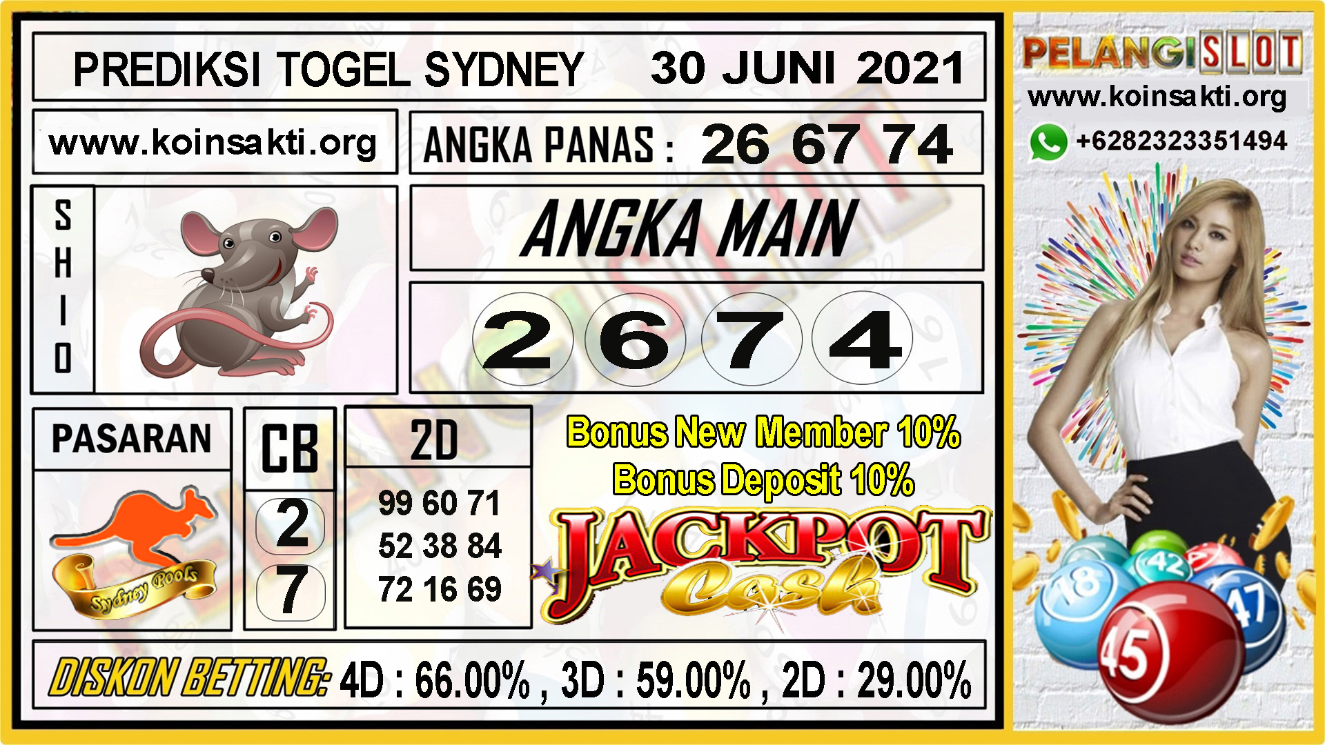 Pelangi Slot On Twitter: "Prediksi Togel Sydney Pools 30 Juni 2021 Angka  Main : 2 6 7 4 Colok Bebas : 2 / 7 Shio : Tikus Angka Panas : 26 67 74 Top  2D : 99 60 71 52 38 84 72 16 69 📞 +6282323351494 🎰  Https://T.co/Auxszxewok Https://T.co/41Ys9Mbtix ...