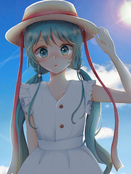 になさんの、こちらを覗きこむミクさん!赤いリボンのついた麦わら帽子が似合う💕帽子をかぶるためにツインテールを下で結んでいるのも良いですね(`・ω・')b【https://t.co/Y7H8eONGOs】 #piapro #初音ミク 