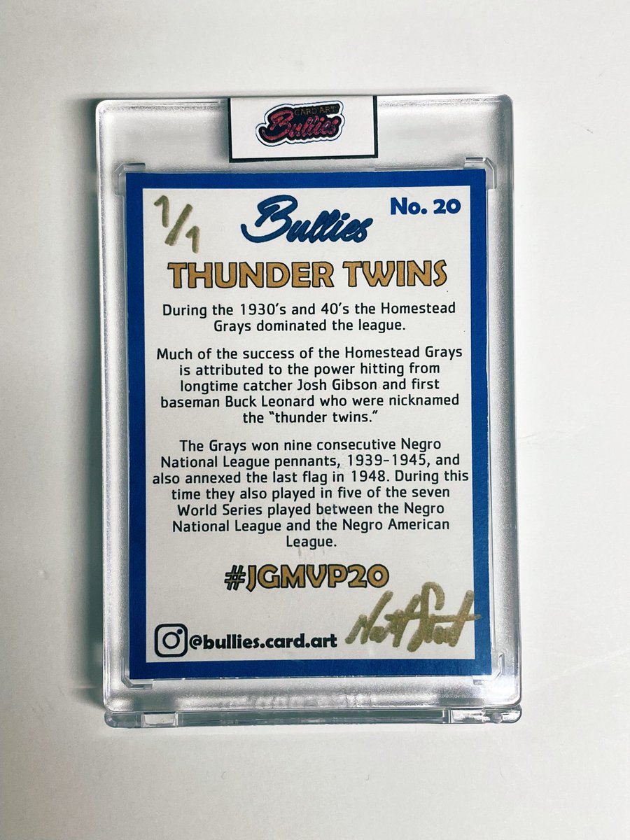 Auction going live soon on these 1/1 Relic Patch Cards

100% of the money raised will go to the Josh Gibson and Buck Leonard Foundations

Stay tuned for details
#jg20mvp #joshgibson #buckleonard #negroleagues #homesteadgrays @JoshGibson_1911 @NLBMArt @HeavyJ28 @MrShakeCardArt