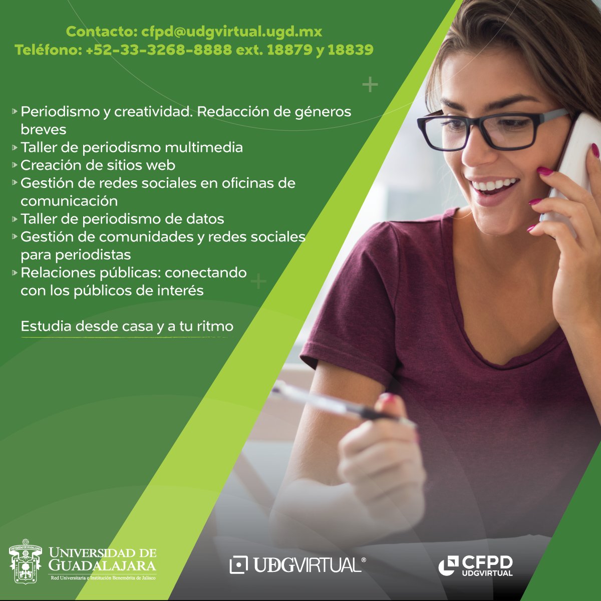 CFPD_UDGVirtual's tweet photo. La capacitación constante te mantiene vigente en un entorno periodístico cambiante. Aplica a nuestros cursos y diplomados en línea ✅
📲Pide informes sobre tu curso favorito: https://t.co/Y0lFJ9NipO
#CFPD #EstudiaEnLínea #CursosOnline #PeriodismoDigital #ComunicaciónDigital https://t.co/6jIGCyt0WE