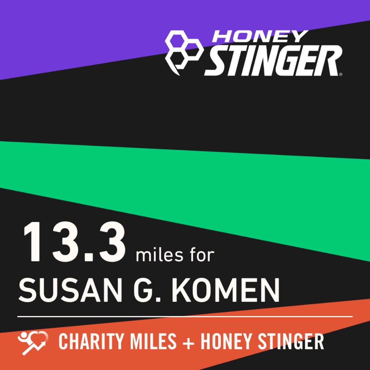 13.3 <a href="/CharityMiles/">Charity Miles</a> for <a href="/SusanGKomen/">Susan G. Komen</a>. Thanks <a href="/HoneyStinger/">Honey Stinger</a>! #SweetenTheBurn #HiveFive