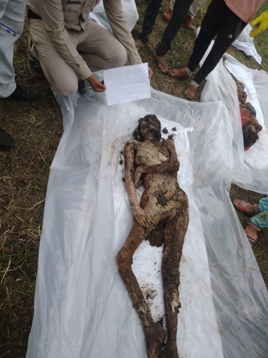 ambedkariteIND's tweet photo. #Horrific In Dewas district of MP, the bodies of 5 people of the same family have been found. these skeletons belong to a tribal family which was missing since May 13. The bodies were buried 10 feet deep. To smelt it, their clothes were removed and urea and salt were also added.. https://t.co/C3s5BVnCVn