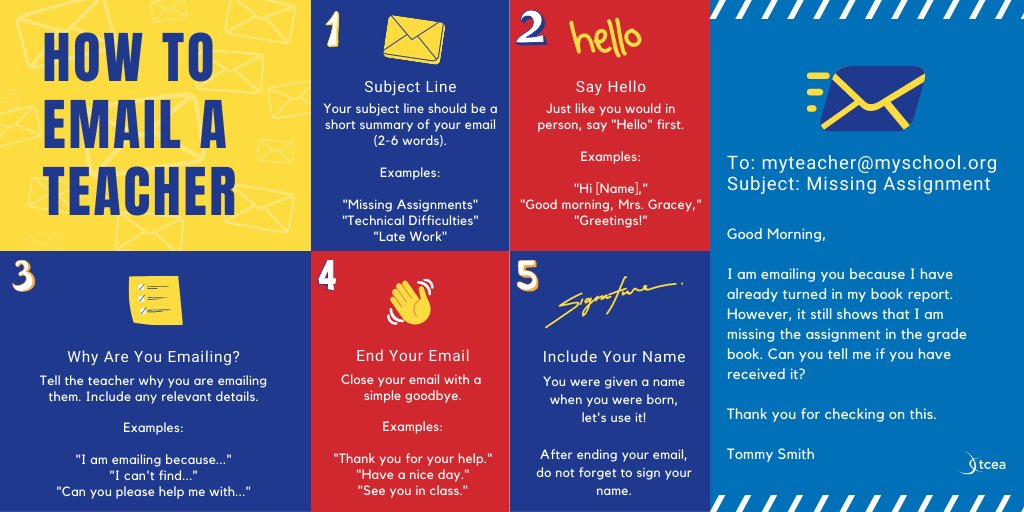 tonyvincent's tweet image. 📧 @lgracey, writing for @TCEA, tells us about helping students learn to send meaningful, accurate, and polite emails.

1️⃣ Summarize in the subject line
2️⃣ Say hello
3️⃣ Tell why you are emailing
4️⃣ End your email
5️⃣ Include your name

blog.tcea.org/writing-an-ema…
