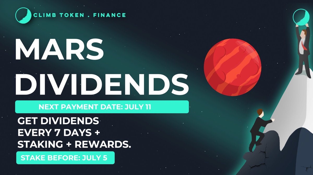 Upcoming dividends (MARS):

July 11
Requirements:
$MARS in Staking (No wallet No farming) before July 5 (23:59 pm UTC) and keep it in STAKING until July 11.
 
MARS dividends will be sent on July 11, at 23:59 PM UTC (End of the day)

#DEX #BSC #DeFi #BNB #YieldFarm #PancakeSwap