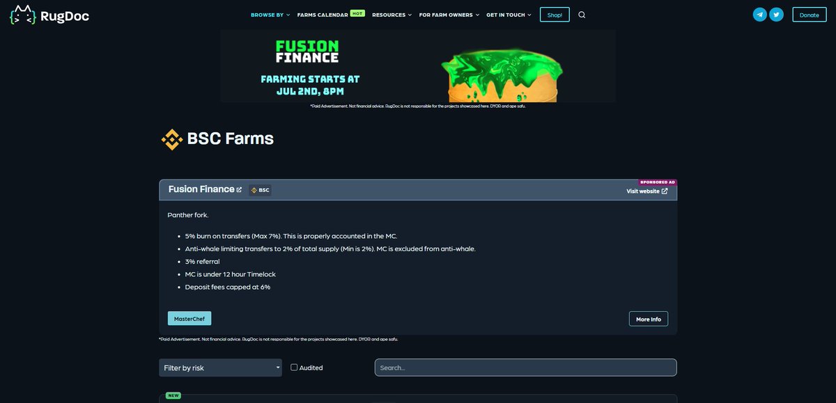 Our ad on the RugDoc website just went live! Looking good! 
#cryptomoonshots #DApps #YieldFarming #staking #BSCGems #BSCGEM #YieldFarm #BNB