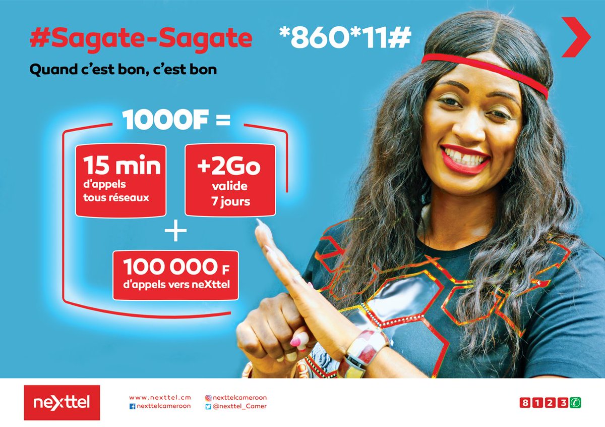 TheShop237's tweet photo. Enjoy 100 000F for calls to neXttel numbers + 15 min calls to all networks + 2Gb for data valid 7 days just at 1000FCFA! Dial now *860*11# now.π
#SagateSagate #call #calls #boneses #callncall #chat #chatallday #talk #talkntalk
#neXttel #best3GnetworkinCameroon https://t.co/gTohHvirbp