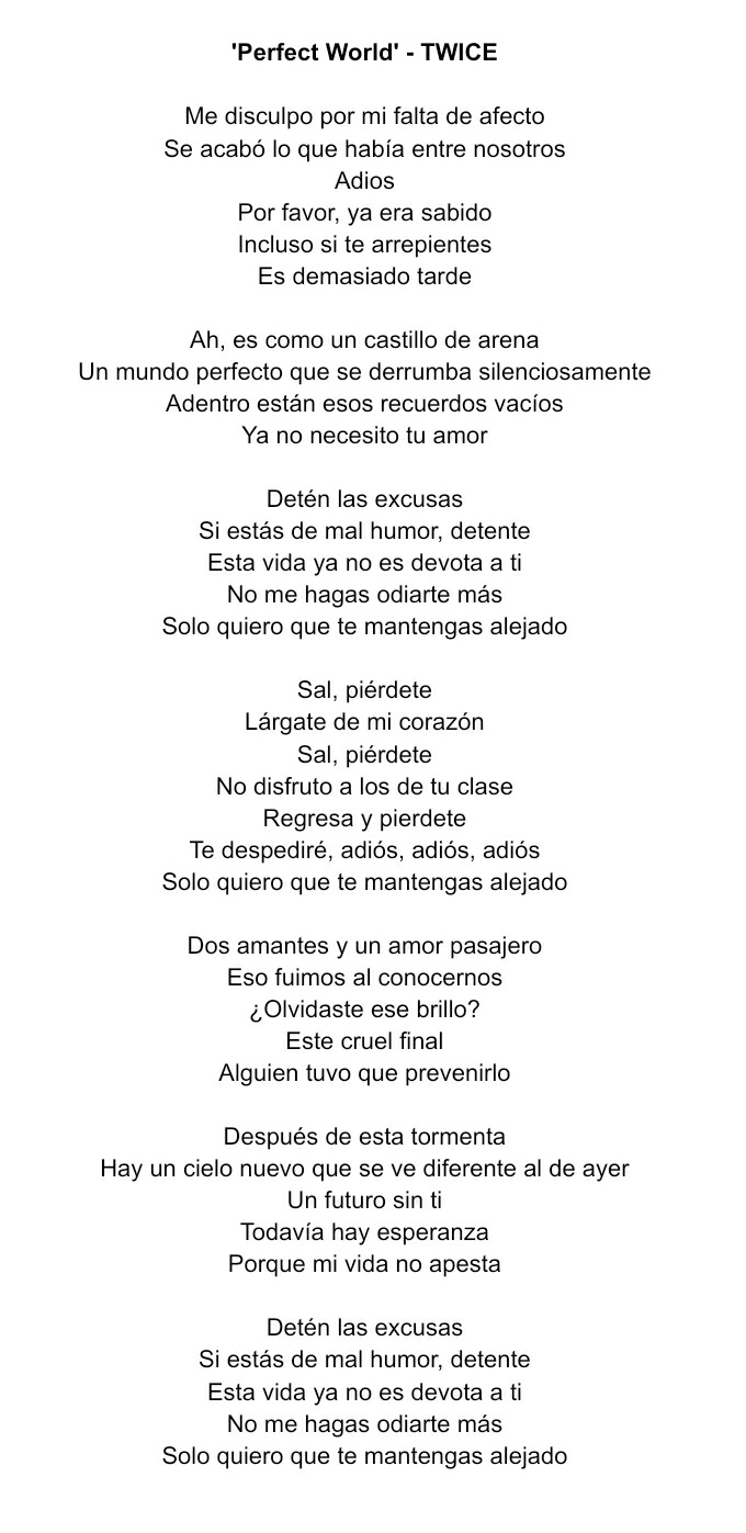 TWICE (NO) Brasil  Zone & Masterpiece on X: 🇧🇷 - Tradução da letra de  'Perfect World'. Não retire os créditos! #TWICE #트와이스 @JYPETWICE   / X