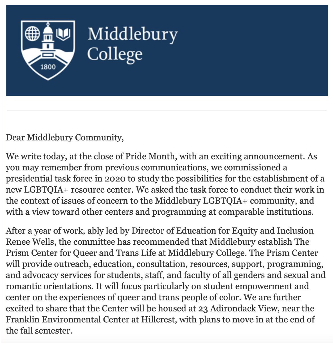 jsbresetschool's tweet photo. Very cool news from @middcampus @Middlebury establishing The Prism Center for Queer &amp; Trans Life!! https://t.co/i1SuvHC6ca