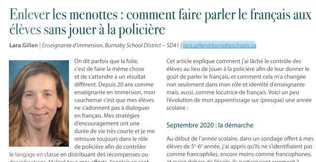MmeTang's tweet photo. Tellement fière d'une ens-apprenante Lara Gillen qui a publié son 1er article en français: "Enlever les menottes: comment faire parler le français aux élèves sans jouer à la policière". Allez le lire ds l'espace membre du J de l'immersion @ACPI_  @BAFF_SFU @sfueducation #graddip https://t.co/J8mTF573xY