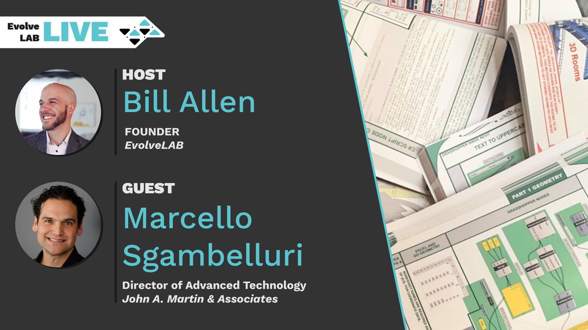 EvolveLABio's tweet photo. Join us this Thursday for #EvolveLABLive as we interview @marcellosgamb about his book "#Dynamo and #Grasshopper for #Revit Cheat Sheet Reference Manual". Sign up: https://t.co/LNGLsofiKh https://t.co/D8TcBCtxjl