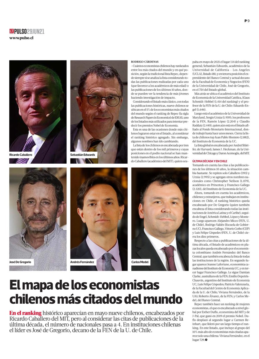facea_uc's tweet image. [NOTICIA] Francisco Gallego, Jeanne Lafortune, @EmilioDepetrisC y Juan-Pablo Montero son los 4 académicos #UC que forman parte del grupo de economistas más citados del mundo. Conoce más detalles en la nota de @pulso_tw en base a datos del Ranking IDEAS/#RePEc ⬇️