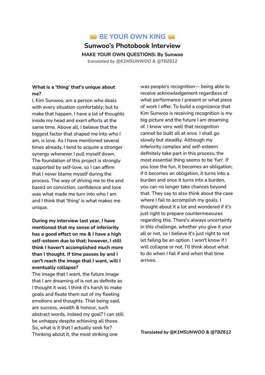 tbz612's tweet photo. 👑 BE YOUR OWN KING 👑 1/2

• Sunwoo’s Photobook Interview
• Translated by @K1MSUNWOO &amp; @TBZ612 

#선우 #THEBOYZ @WE_THE_BOYZ https://t.co/Mm3eQ06ACA