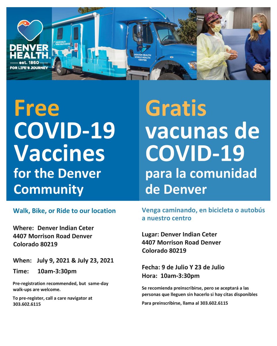 center_denver's tweet photo. COVID-19 Vaccines for the Denver Community July 9 and July 23 at the Denver Indian Center! Pre-registration is recommended, please call (303) 602-6115 to register. Check out the flyer for more information! https://t.co/ovnw8MYztq