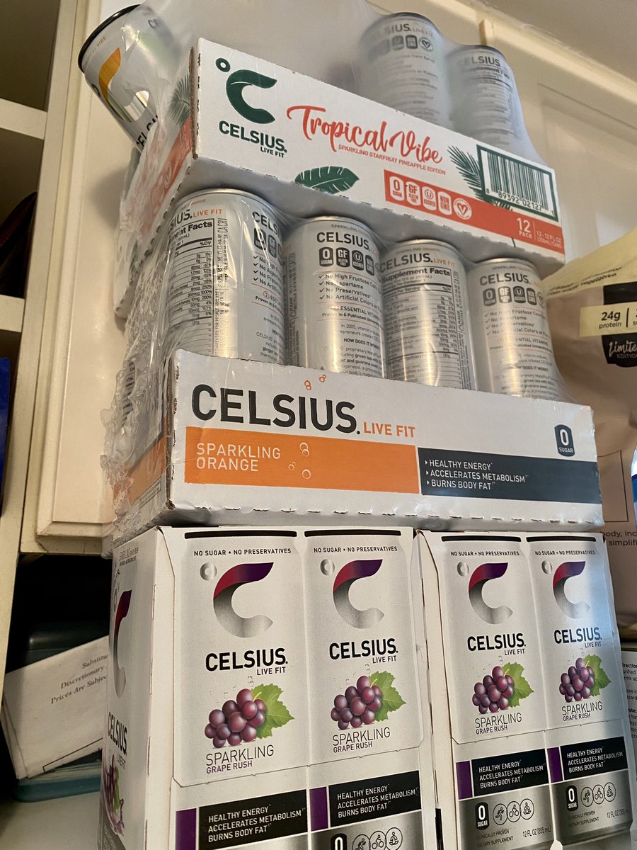 IsabodyMichael's tweet photo. Howโs my @CelsiusOfficial stack looking? My 3 favorite flavors. If you havenโt tried the #TropicalVibe yet, you are missing out. #CELSIUSLiveFit #GrapeRush #WhatsyourVibe #EssentialEnergy #Pineapple #Orange #Preworkout #Energydrink #Energydrinks https://t.co/5aS7QGEhRc