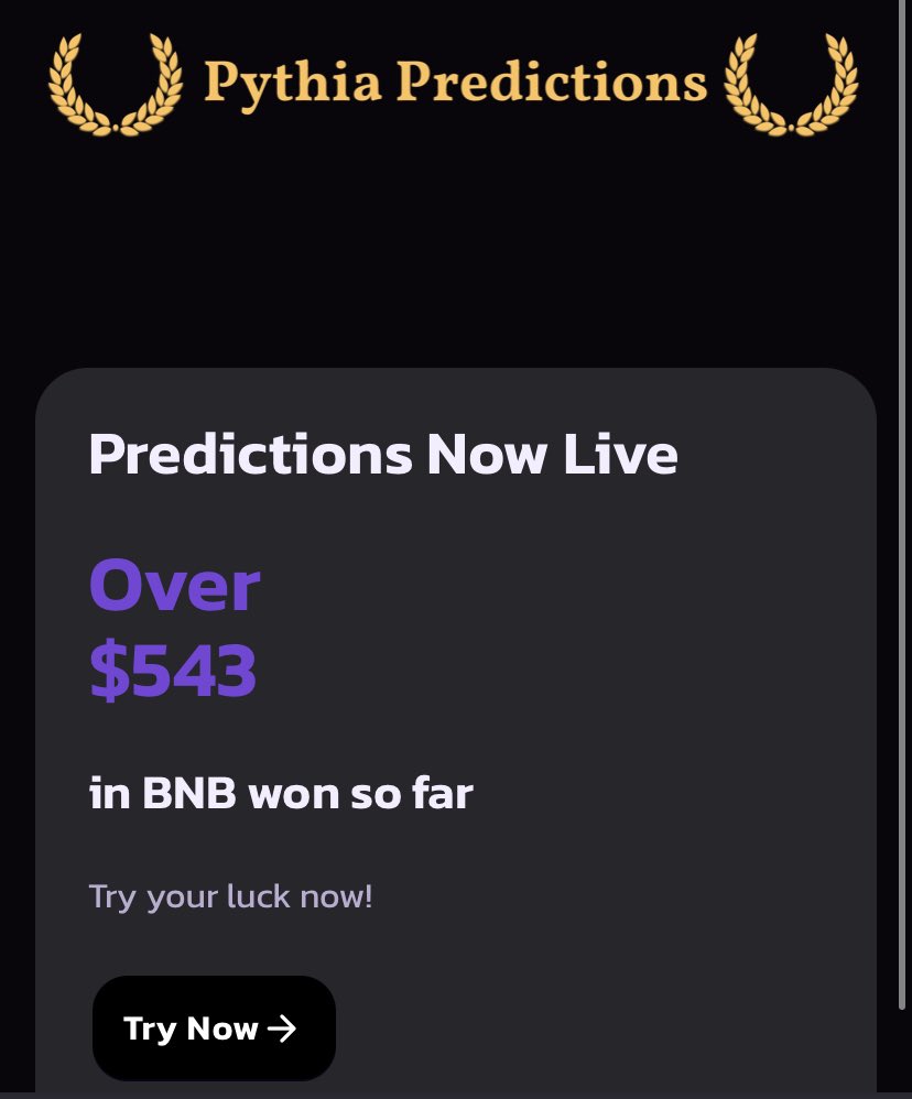 PythiaPredict's tweet photo. Come win some BNB! We have lower fees than pancakeswap! Getting ready to add #DOGE predictions!!

#bsc #bnb #BSCGem #Binance #cryptocurrency #altcoins #defi #BinanceSmartChain https://t.co/5mNuXoWZgN