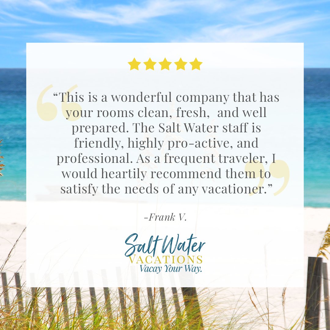 SaltWaterVacay's tweet photo. Thank you Frank for those kind words. Our goal is to make every vacation special. Vacation with Salt Water and you can #vacayyourway
#TestimonialTuesday https://t.co/2ZCYK3Q1Uk