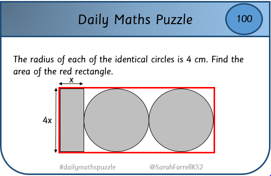 Whoop! I've hit day 100 of my daily maths puzzles! #edutwitter #dailymathspuzzle

You can find all my previous ones here if you'd like to use them mrsfclassroom.wordpress.com/2021/06/04/mat…