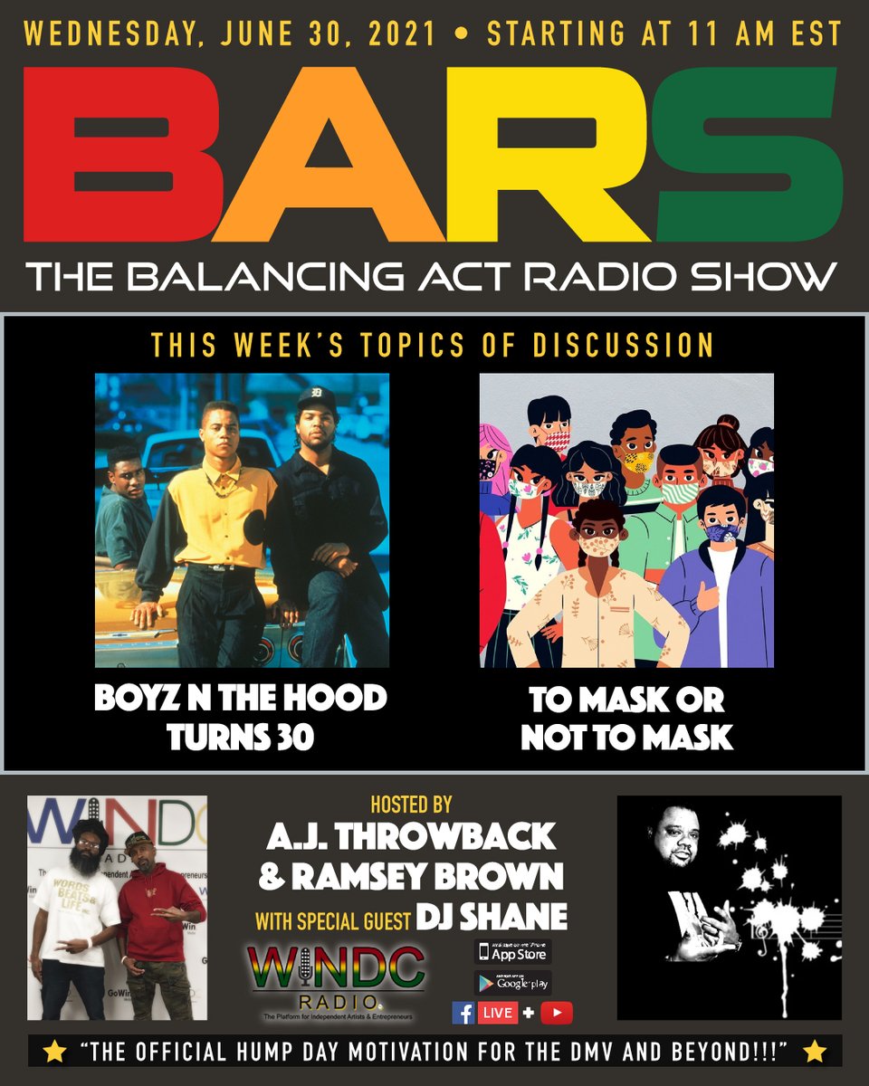 Please tune in TMRW @ 11 AM EST for #BARS #HomeGameEdition w/ <a href="/AJThrowback/">A.J. Throwback</a> x <a href="/PHAR110/">Ramsey Brown</a> x special guest <a href="/DjShane202/">DJSHANE</a> as we talk #BoyzntheHood turning 30 &amp; #nomoremasks in MD &amp; VA only on <a href="/WINDCRadio/">WINDCRadio</a> via #FacebookLive x #YouTubeLive powered by <a href="/GoWinMedia/">GoWin Media LLC</a>! #TeamBARS❤️🧡💛💚
