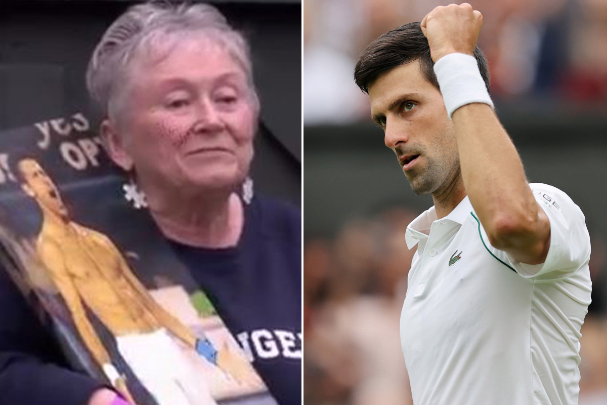 Wimbledon superfan holds shirtless photo of Novak Djokovic during match