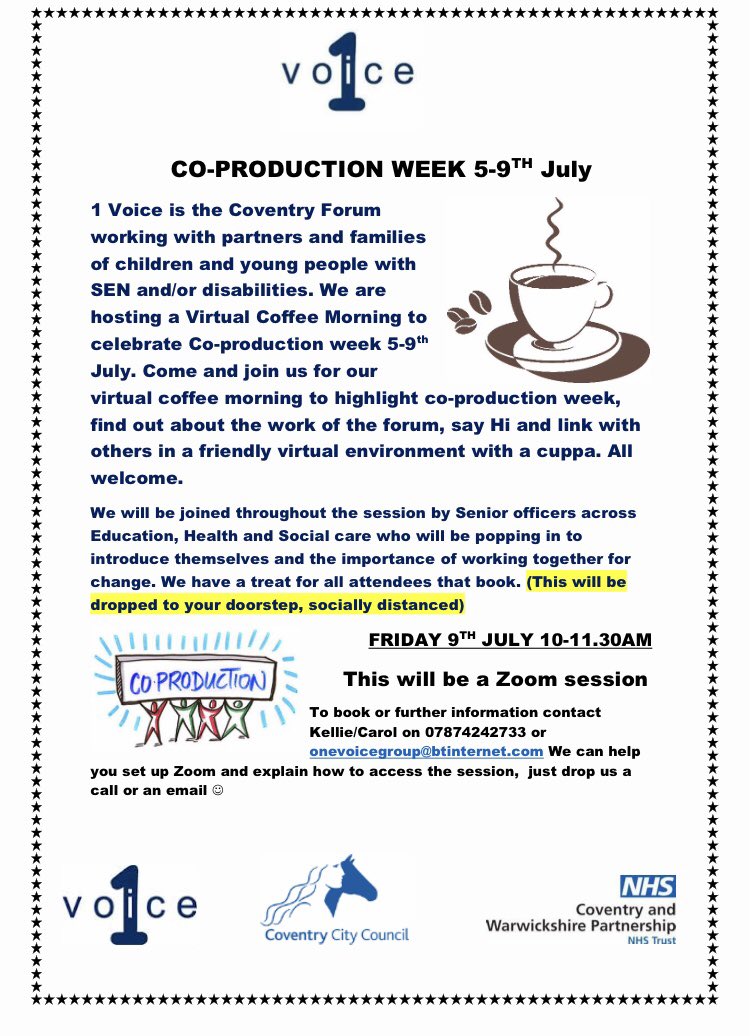 coventry_one's tweet photo. Co-Production week is 5-9th July. Join us for a virtual coffee get together. We also have senior officers popping in across the session to say Hi too. All attendees will receive a gift dropped to your doorstep..Hope you can make it 🙂 ☕️
#getinvolved 
#workingtogetherforchange https://t.co/nOdfnygtRD