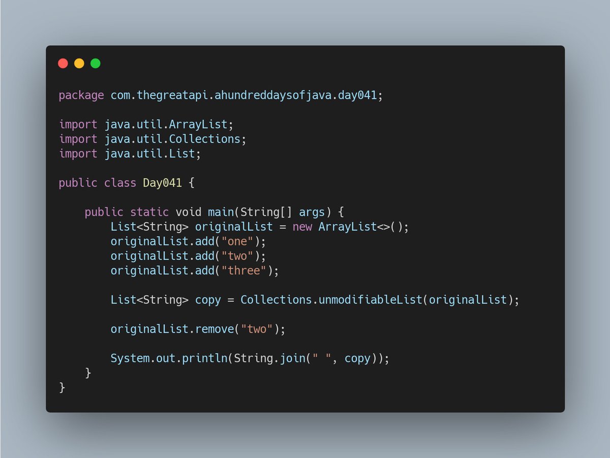 helber_belmiro's tweet image. #100DaysOfJava
Day 41 - Quiz about unmodifiableList
What will the code print?
a) one two tree
b) one three
c) Exception at originalList.remove("two");
d) Exception at String.join(" ", copy)
e) Compilation error
github.com/hbelmiro/100Da…
#java #opensource #developer #100DaysOfCode