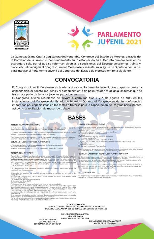 Las diputadas integrantes de la Comisión de la Juventud de la #LIVLegislatura del <a href="/MorelosCongreso/">H. Congreso del Estado de Morelos</a> te invitan a que formes parte del Parlamento Juvenil 2021. ¡Es tiempo de escuchar la voz de las y los jóvenes! Conoce los detalles en la siguiente convocatoria: