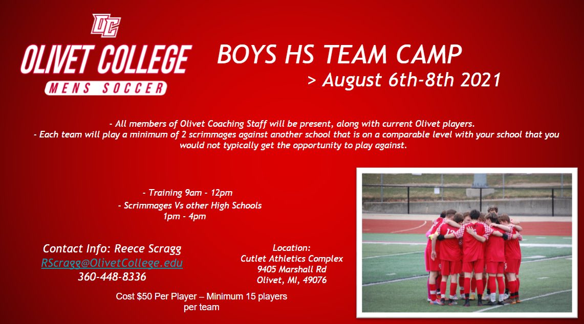 UOlivetMSOC's tweet photo. We are excited to announce our first Boys High School Team Camp. August 6-8. For those that are interested, contact details are attached. https://t.co/u7ExjyAC9M