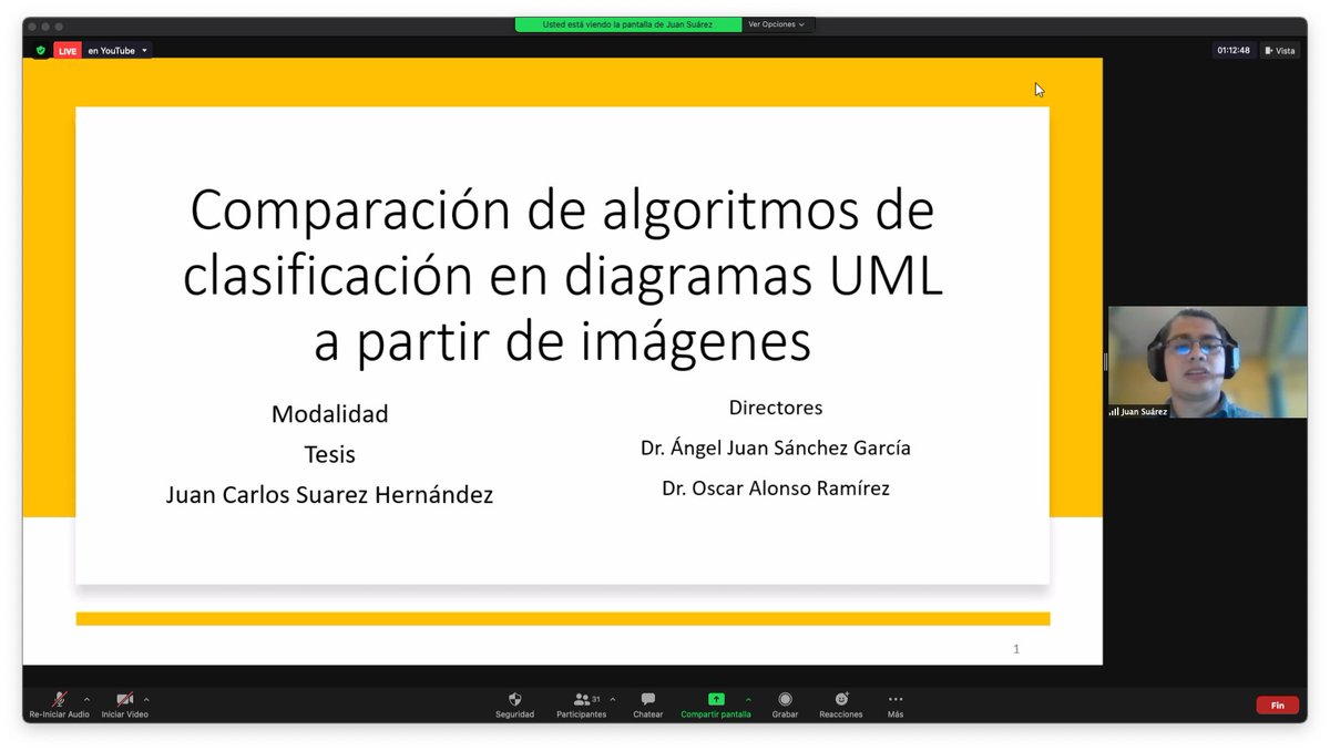 CA_ingSoft's tweet photo. Juan Carlos Suárez nos presenta “Comparación de algoritmos de clasificación en diagramas UML a partir de imágenes” #SeminarioIS #UV_DamosMás https://t.co/NhhhejWbjg https://t.co/KtvsrDqmx8