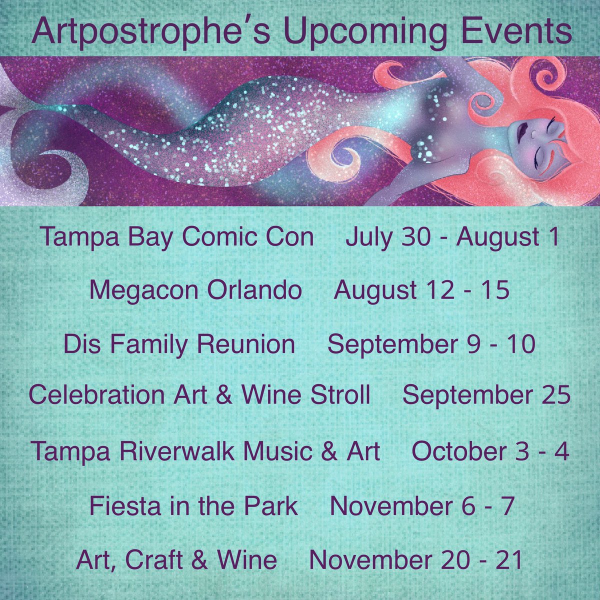 artpostropheamy's tweet photo. My schedule for the second half of the year is starting to fill up!  Here’s a quick preview with more to come. Stay tuned for updates or check my website! (Link in bio!
#artpostrophe #artpostropheamy #artpostropheschedule #megaconorlando2021 #tampabaycomiccon #amysmash https://t.co/NbmdPLP52B