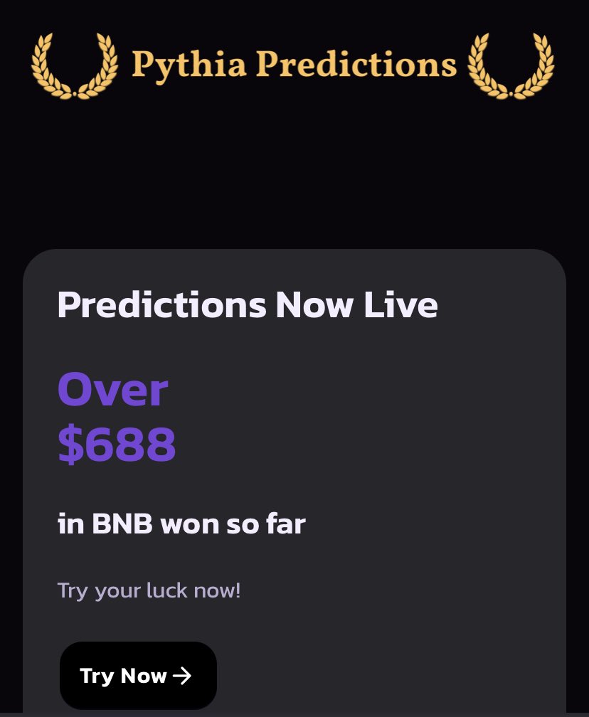 PythiaPredict's tweet photo. Come check out our prediction game! 

#bsc #bnb #BinanceSmartChain #altcoins #defi #Crypto #cryptocurrency #PancakeSwap #cryptogames https://t.co/0MJ5GEogjY