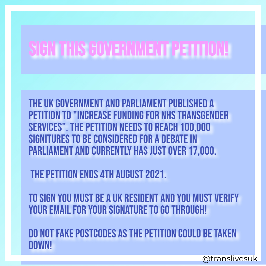 UKTranslives's tweet photo. HOW YOU CAN HELP TRANSGENDER PEOPLE IN THE UK! petition link:https://t.co/uErJQDAfBU
RT WE NEED SIGNATURES FAST!🏳️‍⚧️🏳️‍⚧️ https://t.co/SNiiEqpqTR