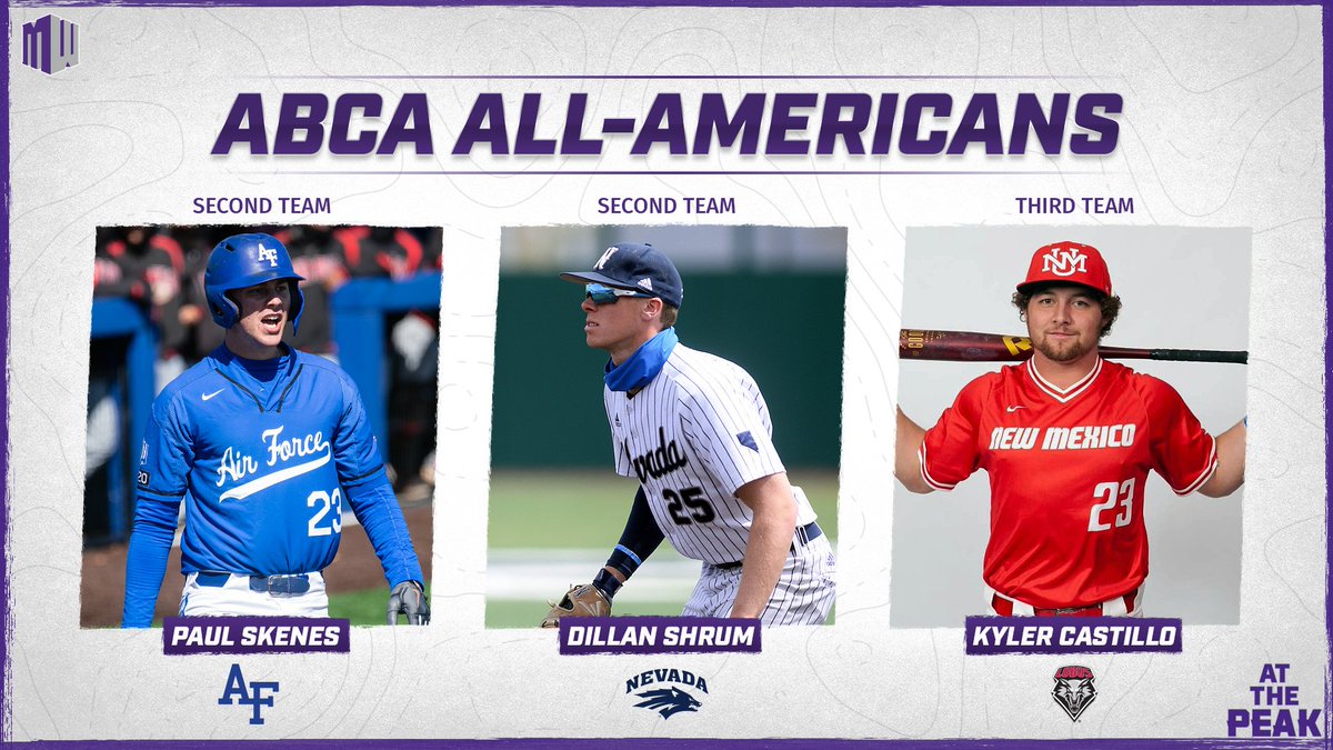 MountainWest's tweet image. Congratulations to our 𝘵𝘩𝘳𝘦𝘦 @ABCA1945 All-Americans!

#AtThePeak | #MWBSB