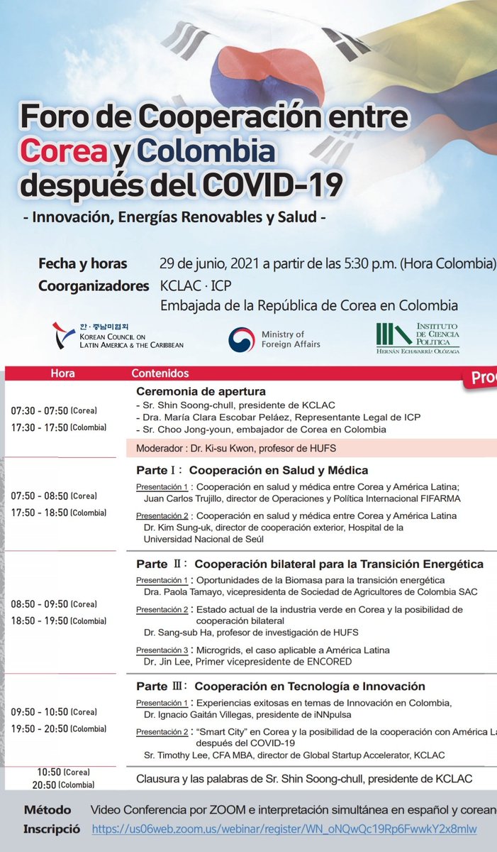CarolinaUrrego's tweet photo. En estos momentos:
Foro de #Cooperacion entre #Corea 🇰🇷 y #Colombia 🇨🇴 después del COVID-19
Organizado por:
@ICPColombia
Embajada de 🇰🇷en 🇨🇴
#KCLAC
@MOFAkr_eng
Aquí⬇️
https://t.co/4UixhMQEAk https://t.co/2MrnYc9GY4