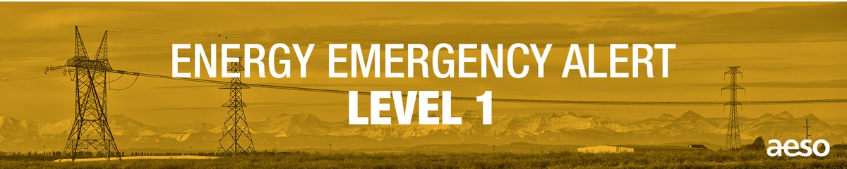 theAESO's tweet photo. We have declared an Energy Emergency Alert (EEA) Level 1 as of 4:34 p.m. on Tuesday, June 29, 2021. 

This situation is due to the heat wave driving higher demand and a decline in available generation. Please conserve energy during peak hours 4-7p.m. #ABElectricity https://t.co/H3Me92Uaae