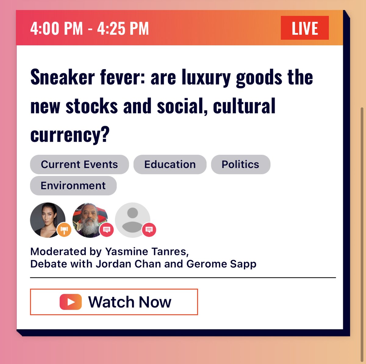 Eruptnow's tweet photo. UP NEXT: @yasminetanres will be going live with #JordanChan and #GeromeSapp to discuss sneakers & status. https://t.co/TzLUaFrLSz