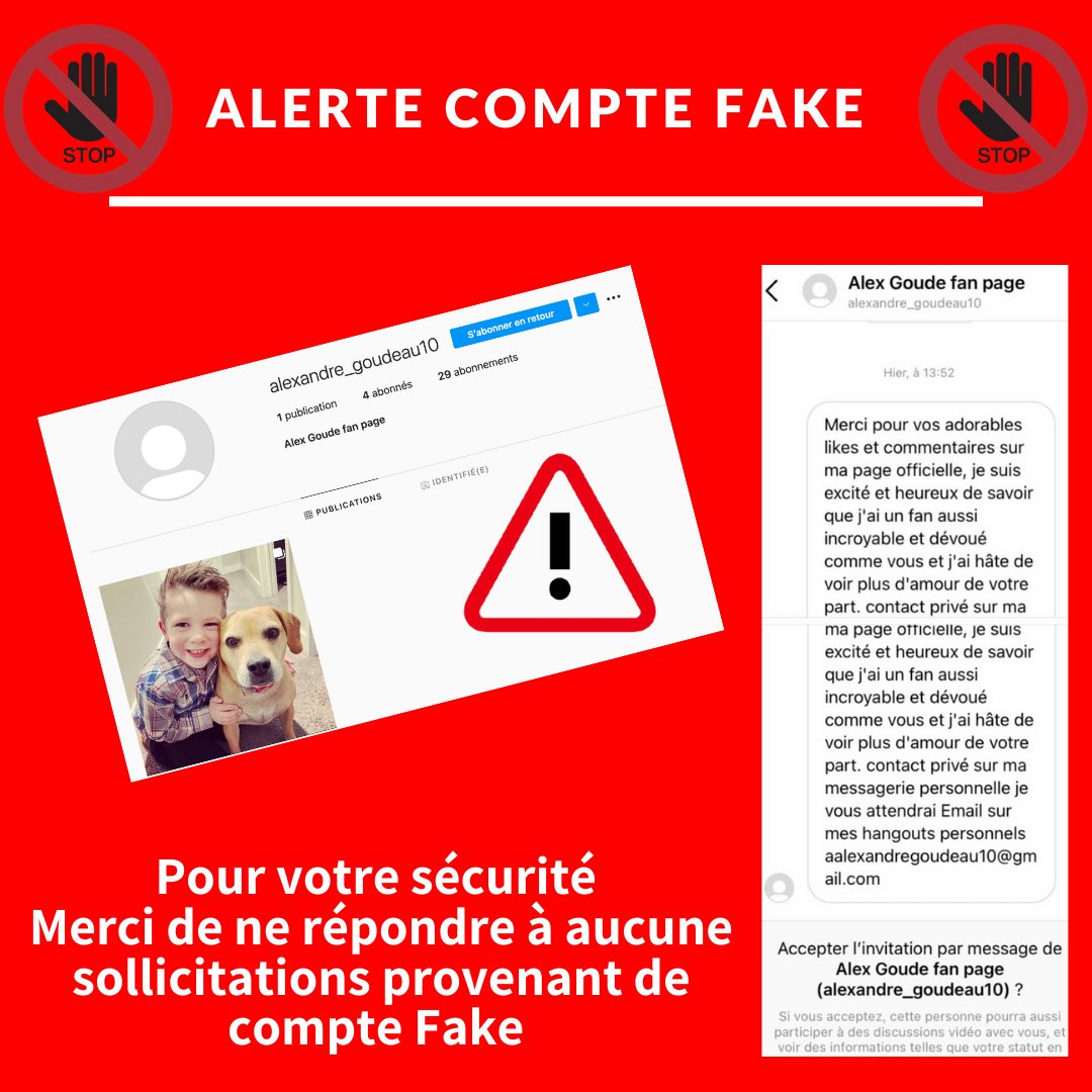 Goude_news's tweet photo. ⚠️ Alerte Compte Fake ⚠️
Pour votre sécurité merci de ne pas répondre à aucune sollicitations en provenance de ce compte Fake .
@alexgoude ne propose aucun hangouts ou contact par e-mail actuellement. Restons vigilants ensemble . #comptefake #alexgoude #instagramhelp https://t.co/XYAxhptkdX