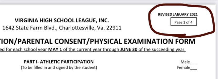 🗣VA student-athletes🗣 Remember new physical forms are required after  Wed (6/30/21)! Make sure you use the UPDATED physical form! You know it's the right one if it has the revised date shown below👇🏼All new physicals must be dated after 5/1/21! <a href="/ecgathletics/">E.C. Glass Athletics</a> <a href="/VATA_SSATC/">VATA Secondary Schools</a> <a href="/VHSL_/">VHSL Athletics</a>
