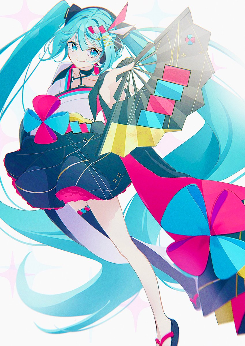 hatsune miku ,magical mirai miku 1girl solo twintails long hair holding fan holding hand fan  illustration images