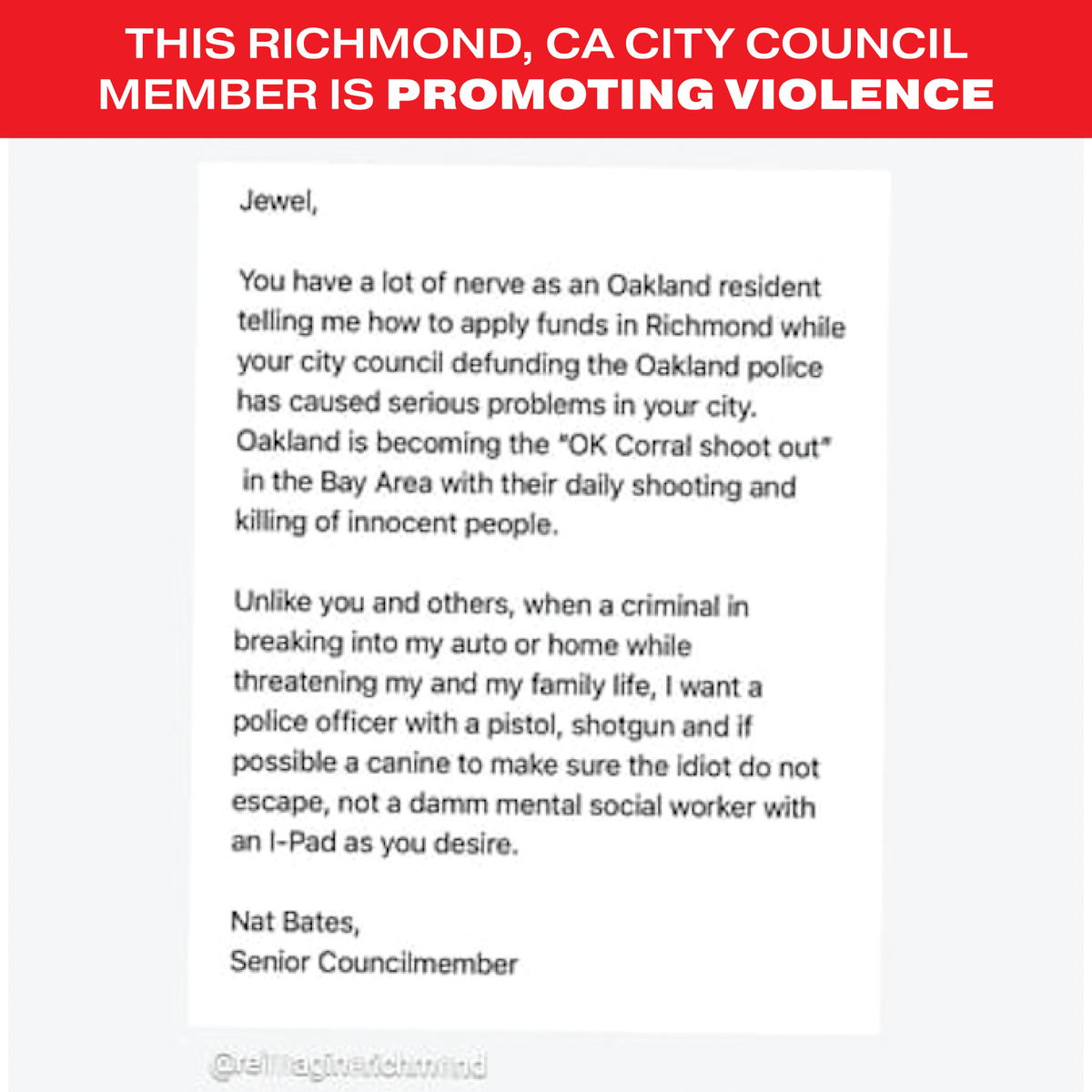 grassroots_law's tweet photo. A Richmond, CA city council member is attacking @ReimagineRich and their proposals — promoting violence as a way to stop crime.

Send in a public comment before tonight's city council meeting to make it clear that we need to invest in our communities:
https://t.co/xwJLW8cNXY https://t.co/Qk7GtVn3oM