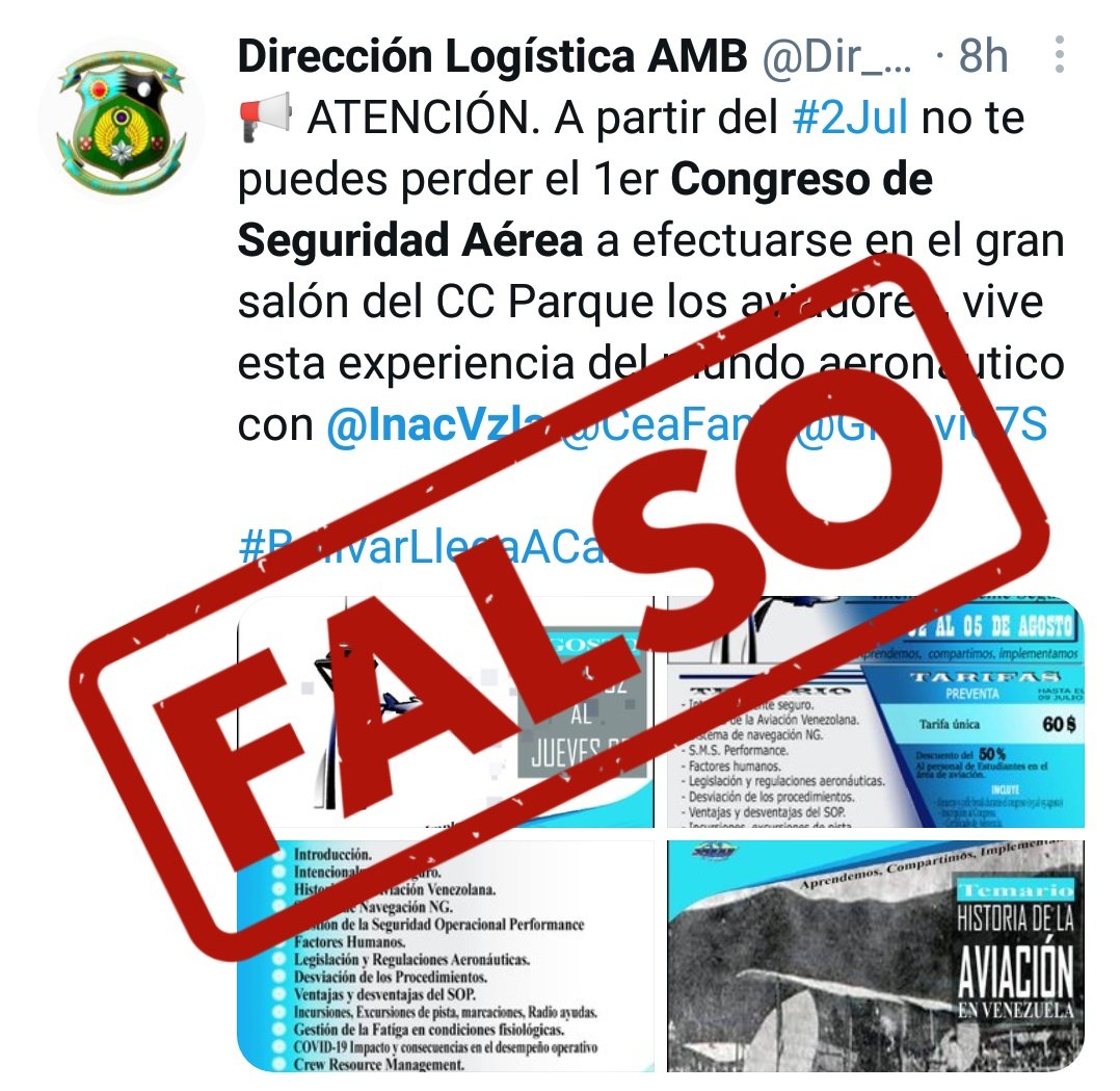 inac_ve's tweet photo. #FakeNews || El #INAC, como Autoridad Aeronáutica Venezolana, informa que no participa, organiza o invita al 1er. Congreso de Seguridad Aérea que circula en redes sociales. Exhortamos al pueblo venezolano a no hacerse eco de informaciones falsas. https://t.co/OH7PT2JKFk