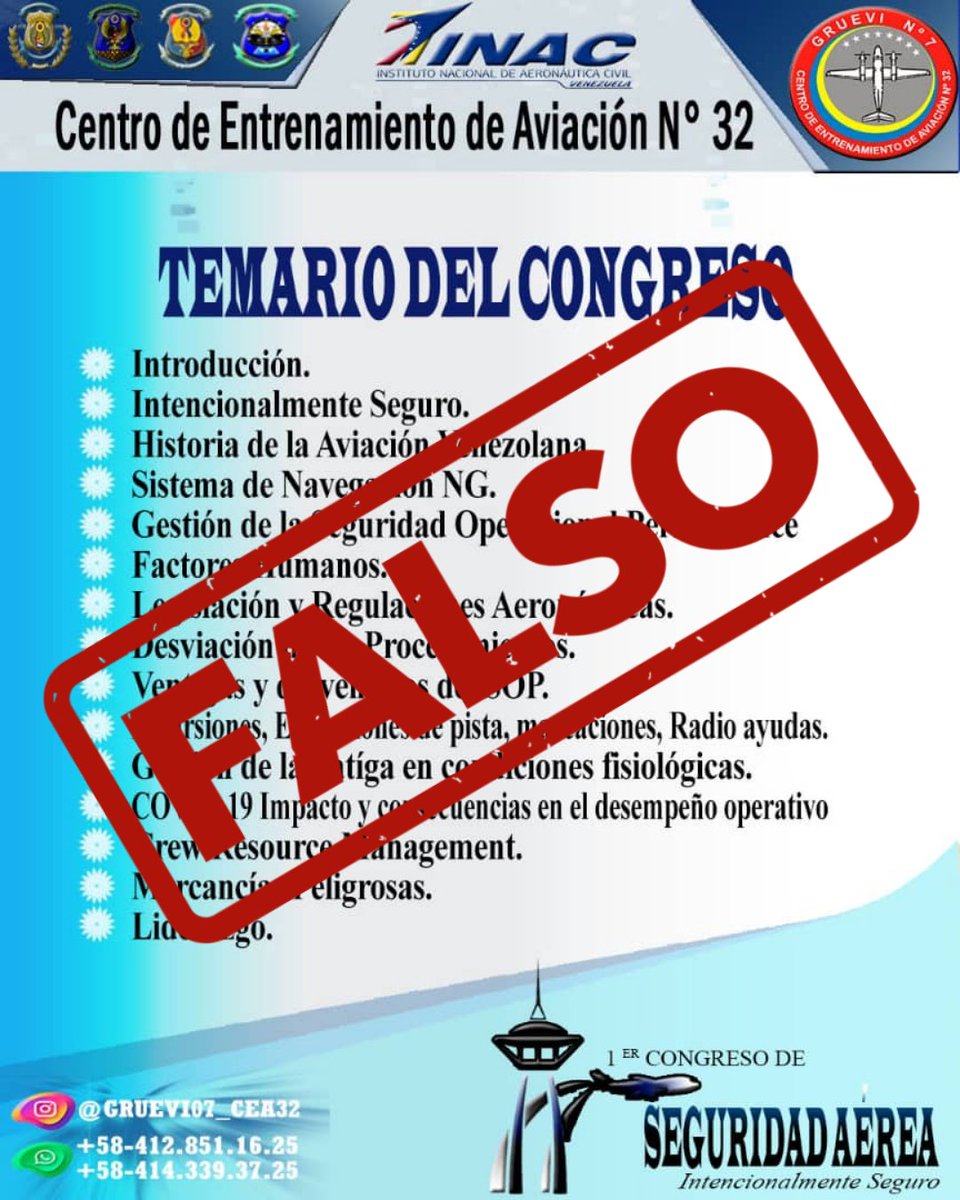 inac_ve's tweet photo. #FakeNews || El #INAC, como Autoridad Aeronáutica Venezolana, informa que no participa, organiza o invita al 1er. Congreso de Seguridad Aérea que circula en redes sociales. Exhortamos al pueblo venezolano a no hacerse eco de informaciones falsas. https://t.co/OH7PT2JKFk