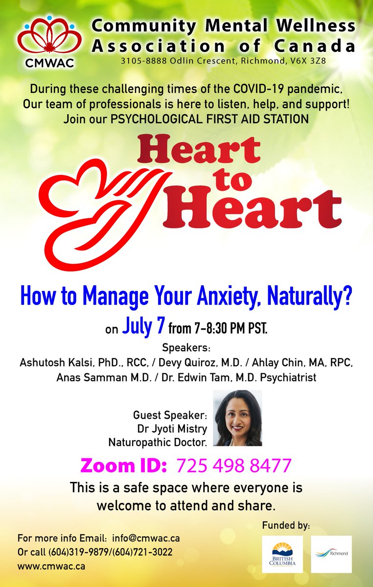 cmwac's tweet photo. We're excited to announce our upcoming English
Heart to Heart workshop will be on the topic of
managing anxiety with guest speaker Dr. Jyoti Mistry!

Dr. Mistry is a licensed Naturopathic Doctor
practicing in downtown Vancouver at Evoke Integrative
Medicine.  #Mentalhealth https://t.co/qEImfeFr1q