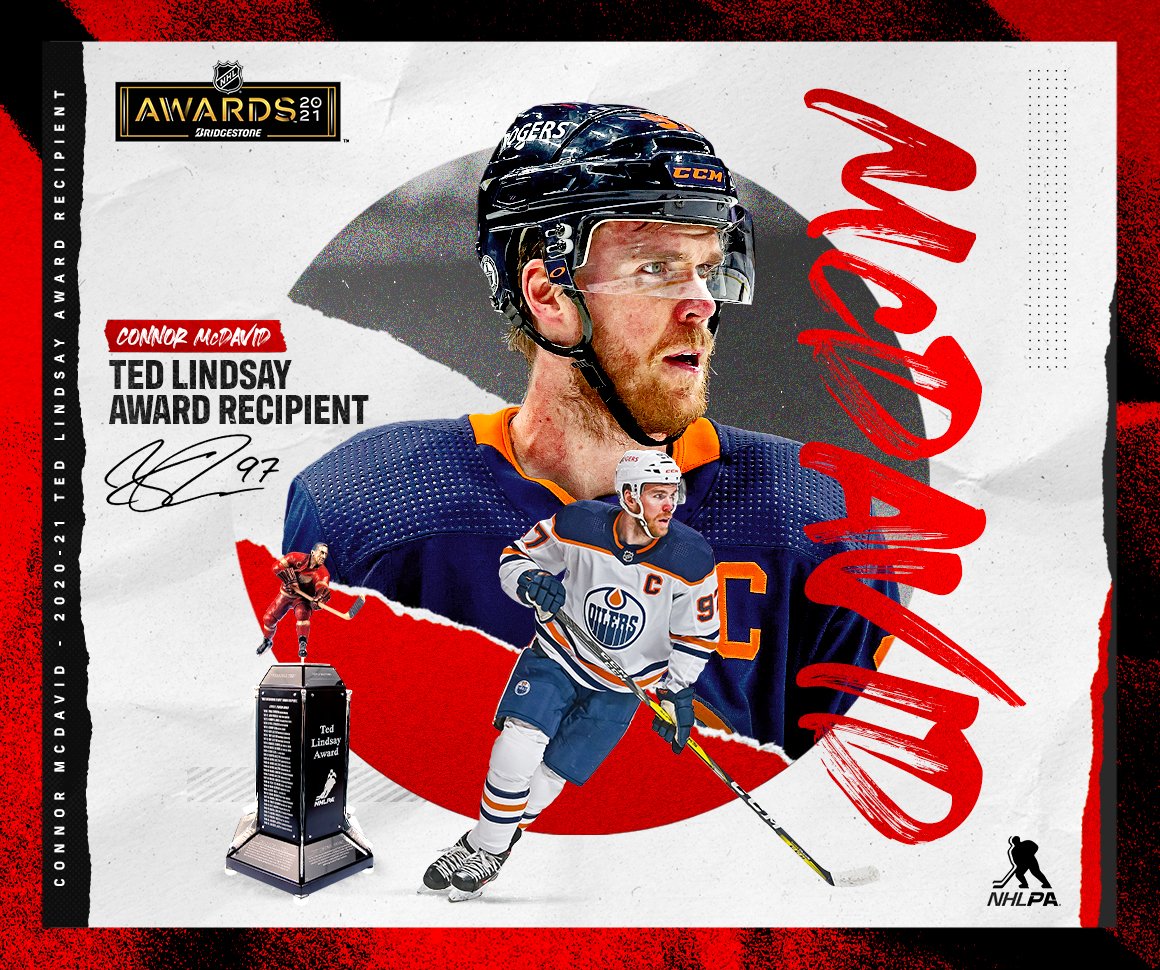NHLPA's tweet photo. Congratulations to @cmcdavid97, who has been voted the 2020-21 #TedLindsayAward recipient by his NHLPA peers! #NHLAwards https://t.co/B5MhYE51pF