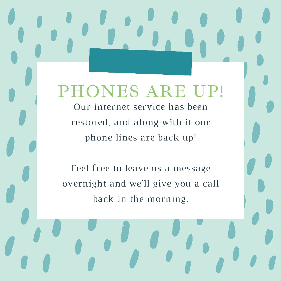 Watson_Wellness's tweet photo. Our internet service has been restored, and along with it our phone lines are back up!

Feel free to leave us a message overnight and we’ll give you a call back in the morning. https://t.co/0Z15SAas5r
