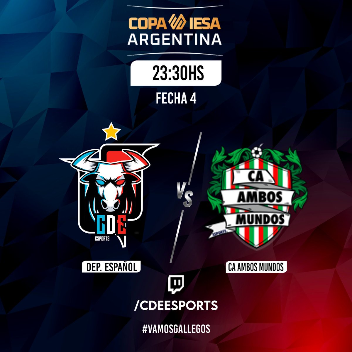 🏆 ¡Copa Argentina! 🇦🇷

Fecha 3 vs #Claypole
Fecha 4 vs <a href="/ClubAmbosMundos/">Club Ambos Mundos 🇮🇹</a>

23hs. 🖥 twitch.tv/cdeesports

#VamosGallegos 🇪🇸