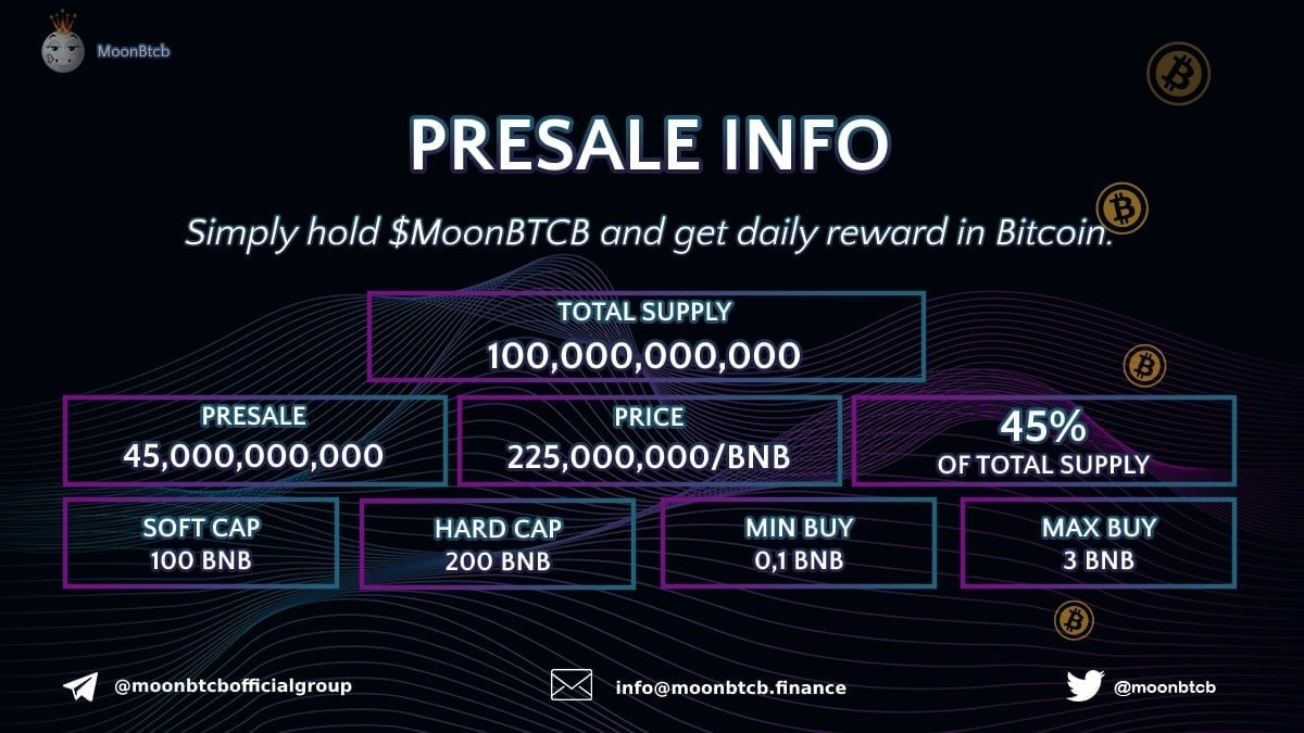 moonbtcb's tweet photo. PRE SALE INFORMATIONS!🚨

The #PreSale will be hold #DXSALE and after reaching hardcap launching straight on pancakeswap.

PRESALE 01.07. 3PM UTC ⏰

Simply hold #MOONBTCB and get daily reard in #BITCOIN. 💰 
Join us ⬇️
TG: @moonbtcbofficialgroup
web: https://t.co/IQVWPV0Lln
#BSC https://t.co/YKsaIL6kD1