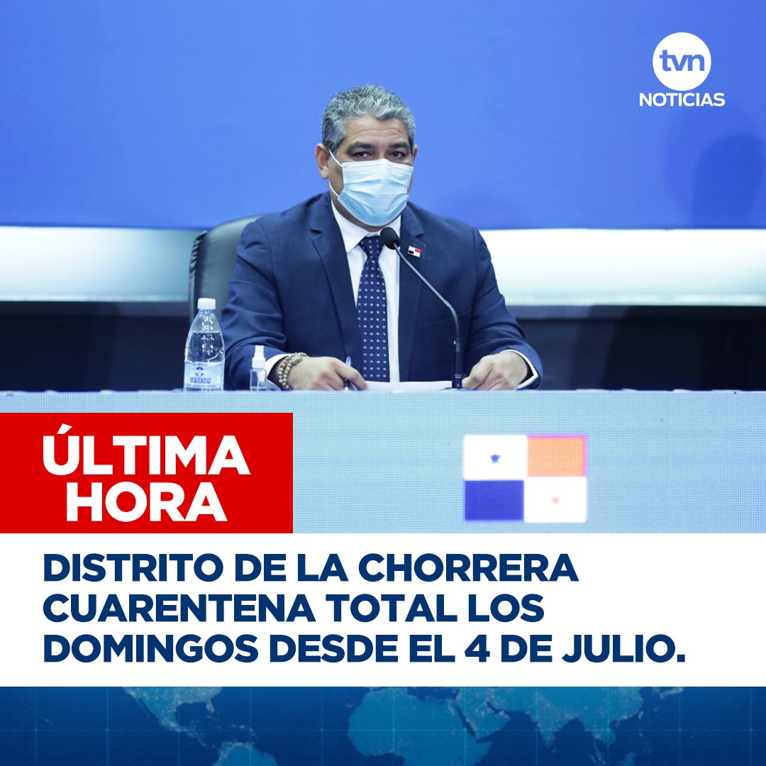 tvnnoticias's tweet photo. El ministro de Salud, anunció que a partir de este 4 de julio:
- Pesé: cuarentena total los domingos.
- Ocú y Los Pozos: toque de queda de 12:00 a.m. a 4:00 a.m. y demás distritos, toque de queda de 10:00 p.m. a 4:00 a.m.  
- La Chorrera: cuarentena total los domingos. https://t.co/TUvoJZWOCD