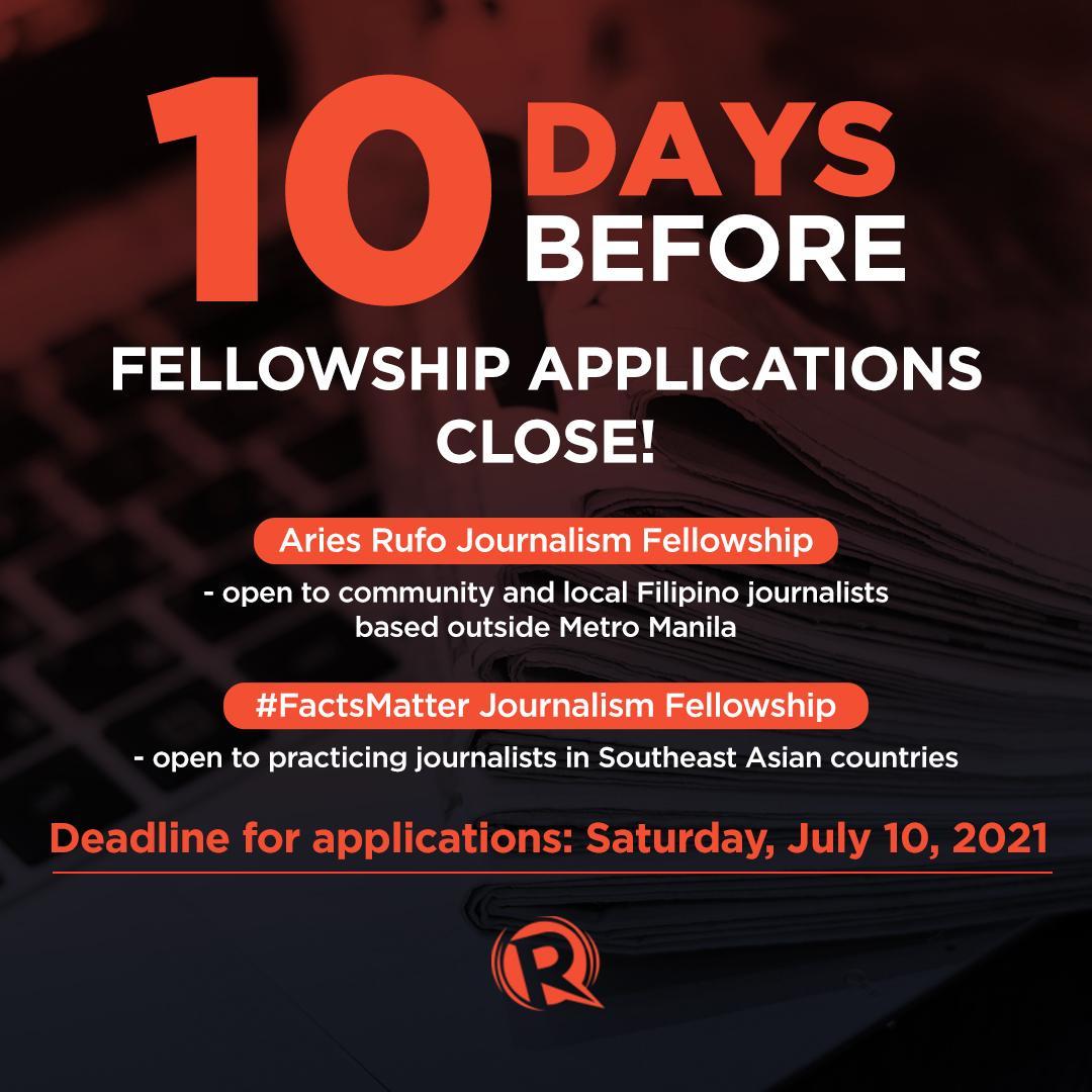 newsbreakph's tweet photo. 10 DAYS LEFT BEFORE APPLICATIONS CLOSE 📣
Rappler’s MovePH is launching local and international fellowships aimed at equipping journalists with skills and knowledge to understand disinformation.
Deadline for applications: July 10, 2021
APPLY HERE: https://t.co/lqbV8lWy9q https://t.co/XjSU0TBEKF