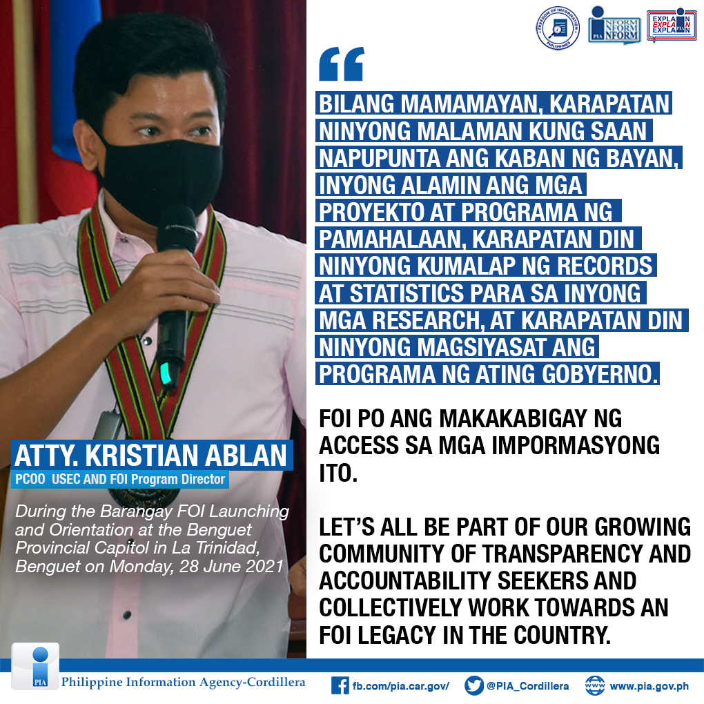 PIA_Cordillera's tweet photo. Freedom of Information Program Director PCOO Usec. Kris Ablan, during the Barangay FOI launching and Orientation at the Benguet Provincial Capitol on Monday, stressed Filipino citizens have the constitutional right to ask information from the government.
#TransparencyToTrust https://t.co/Ok5RkPZgby