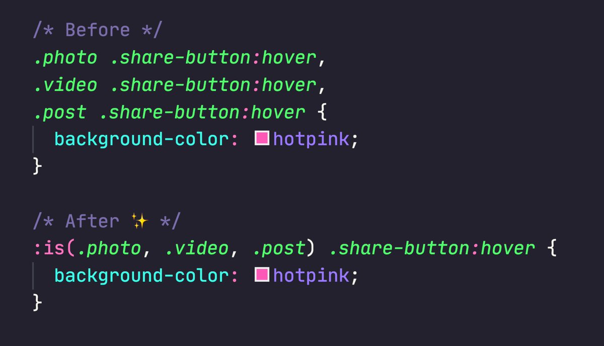 addyosmani's tweet image. The CSS :is() pseudo-class is useful for writing repetitive selectors in a more compact form: goo.gle/cssis by @argyleink covers it well!